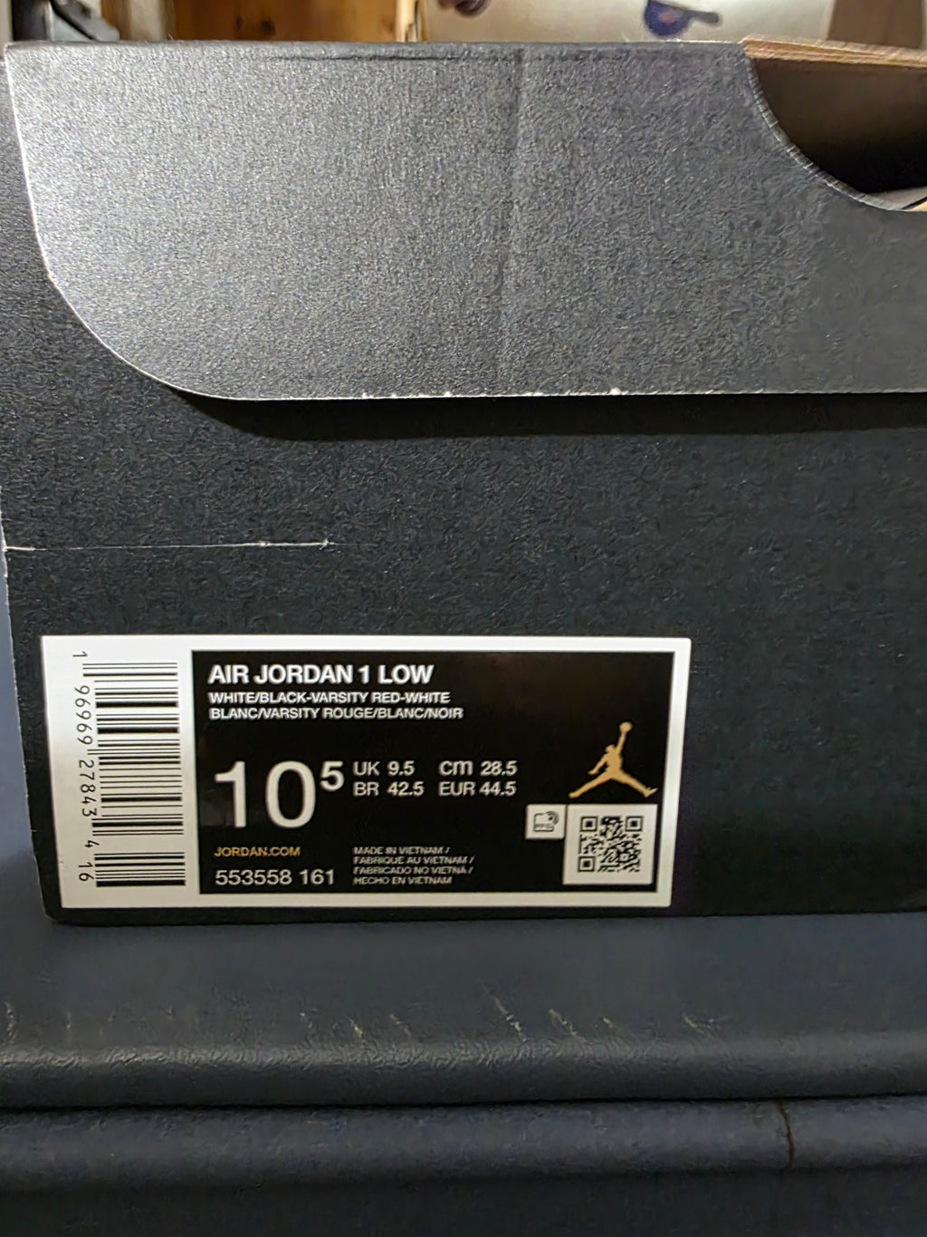 Jordan 1 Low Retro Bred colorway,  size 10.5m,  new.