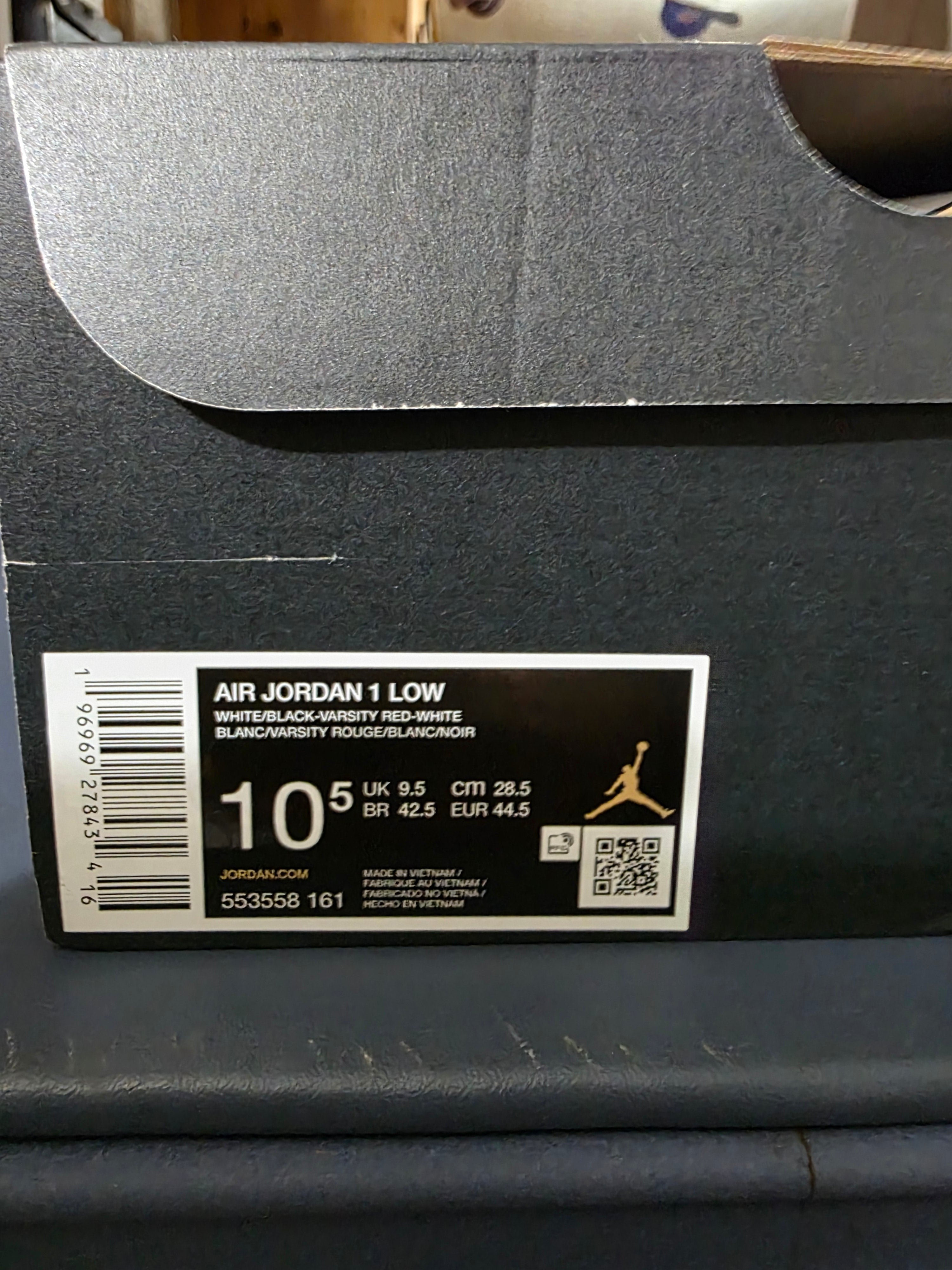 Jordan 1 Low Retro Bred colorway,  size 10.5m,  new.