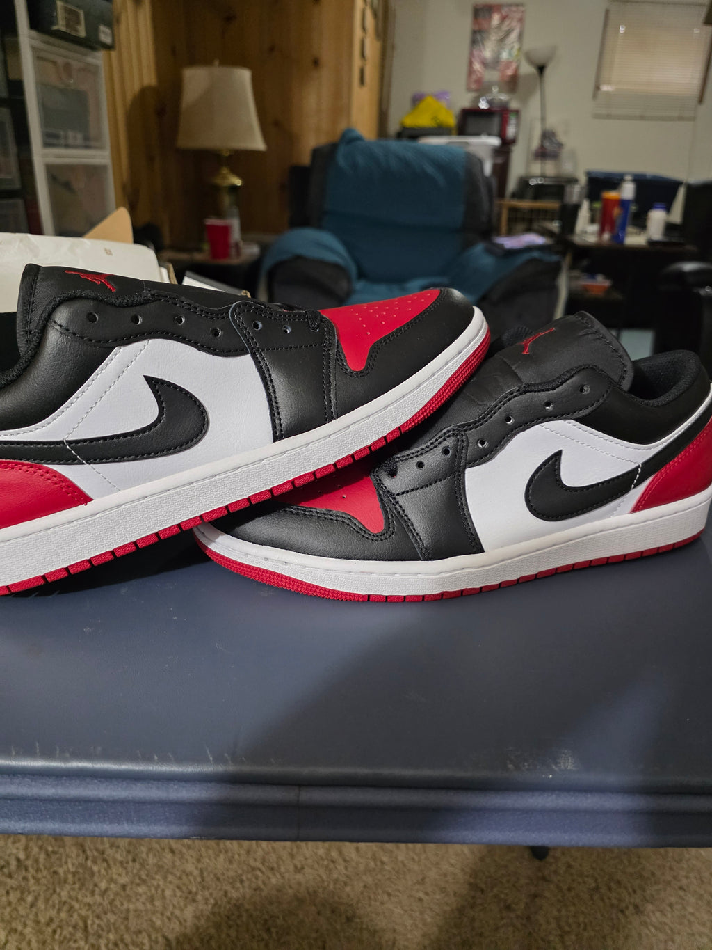 Jordan 1 Low Retro Bred colorway,  size 10.5m,  new.