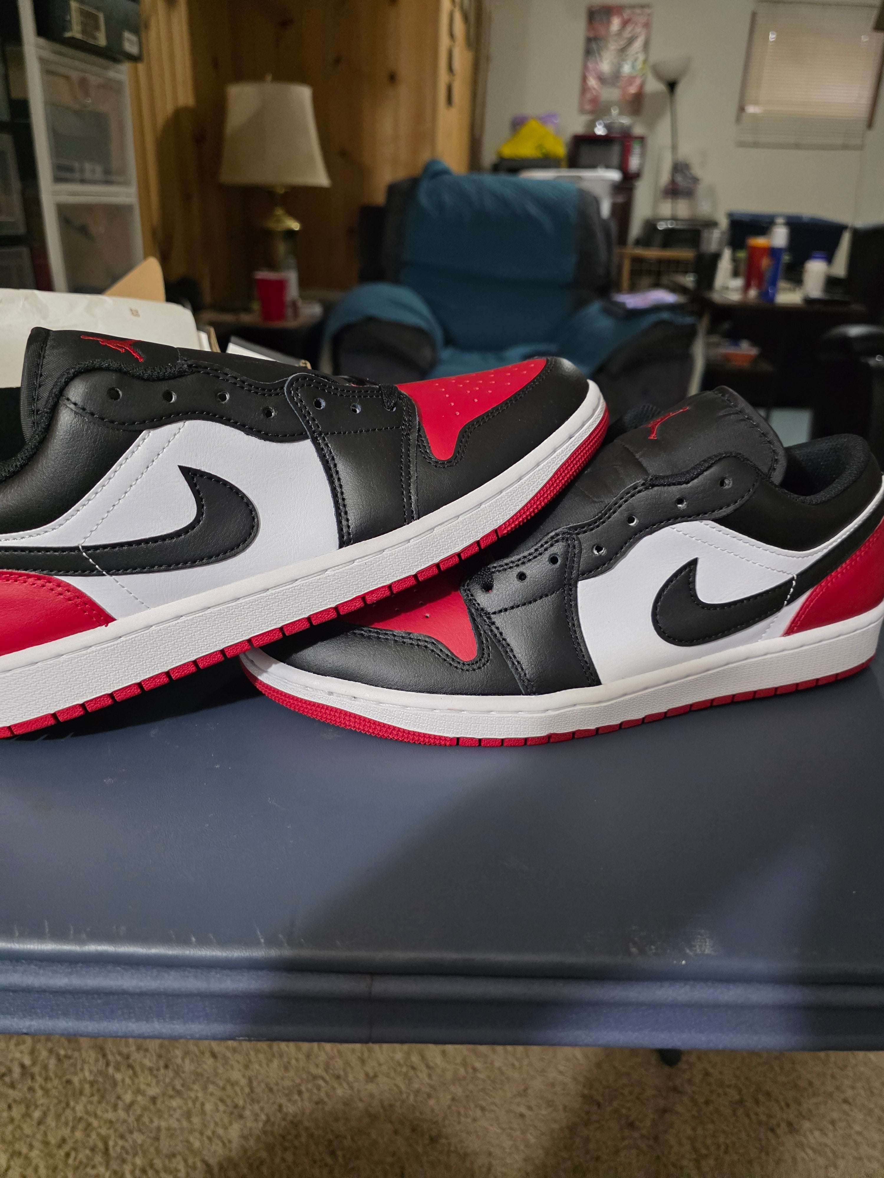 Jordan 1 Low Retro Bred colorway,  size 10.5m,  new.