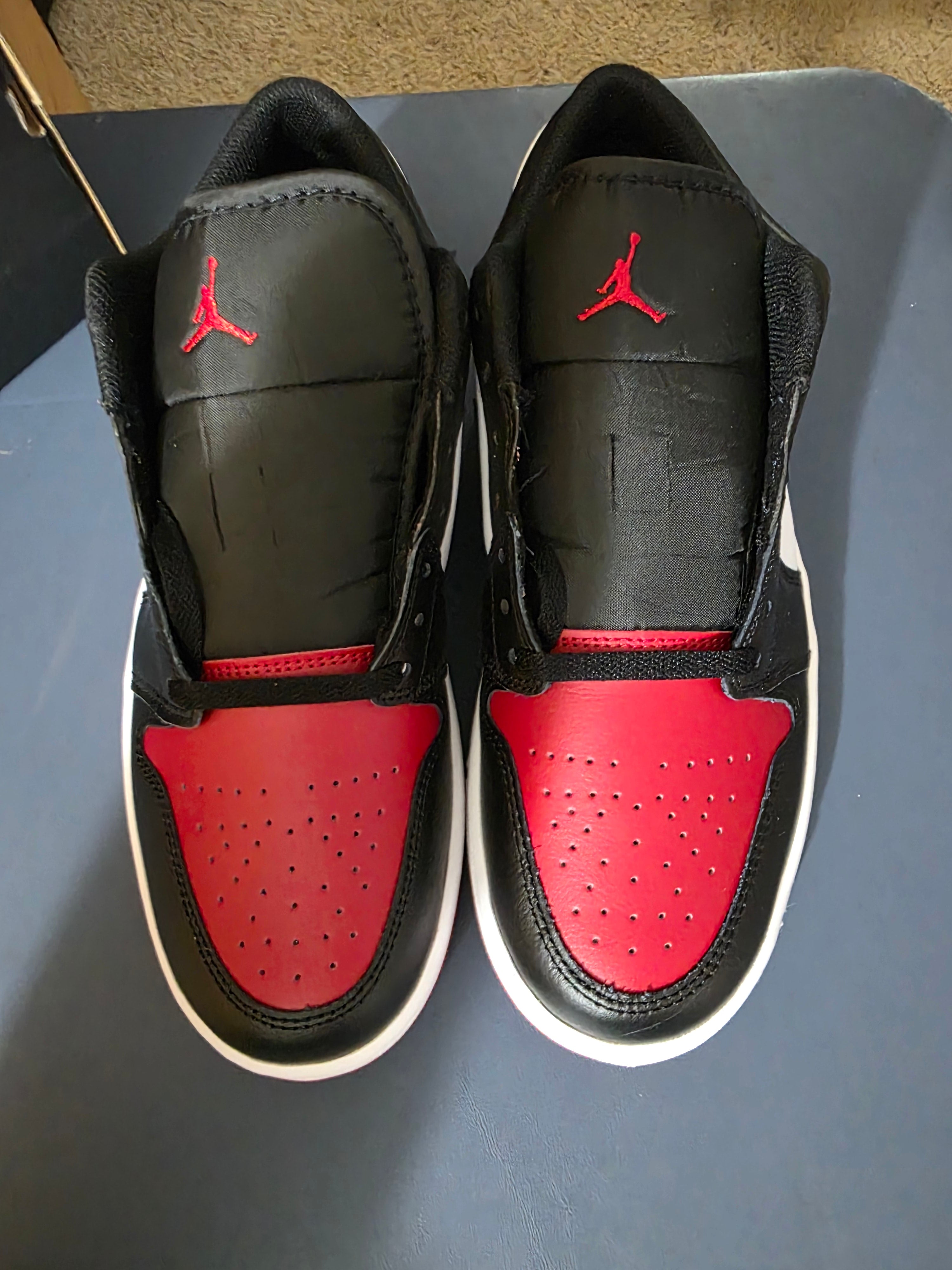Jordan 1 Low Retro Bred colorway,  size 10.5m,  new.